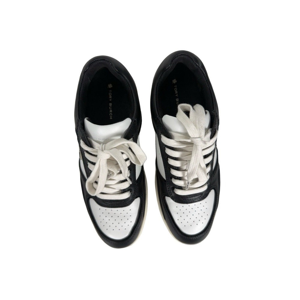 Tory Burch Clover Court Leather Sneakers Black White Womens 6.5 Casual Athletic - Picture 9 of 10